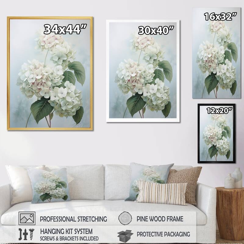 Designart "White Hydrangea Whispering Blooms" Hydrangea Canvas Print